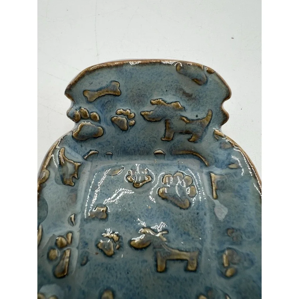 Handmade Pottery Dog Spoon Rest Blue Glaze Paw Print Bone Ceramic